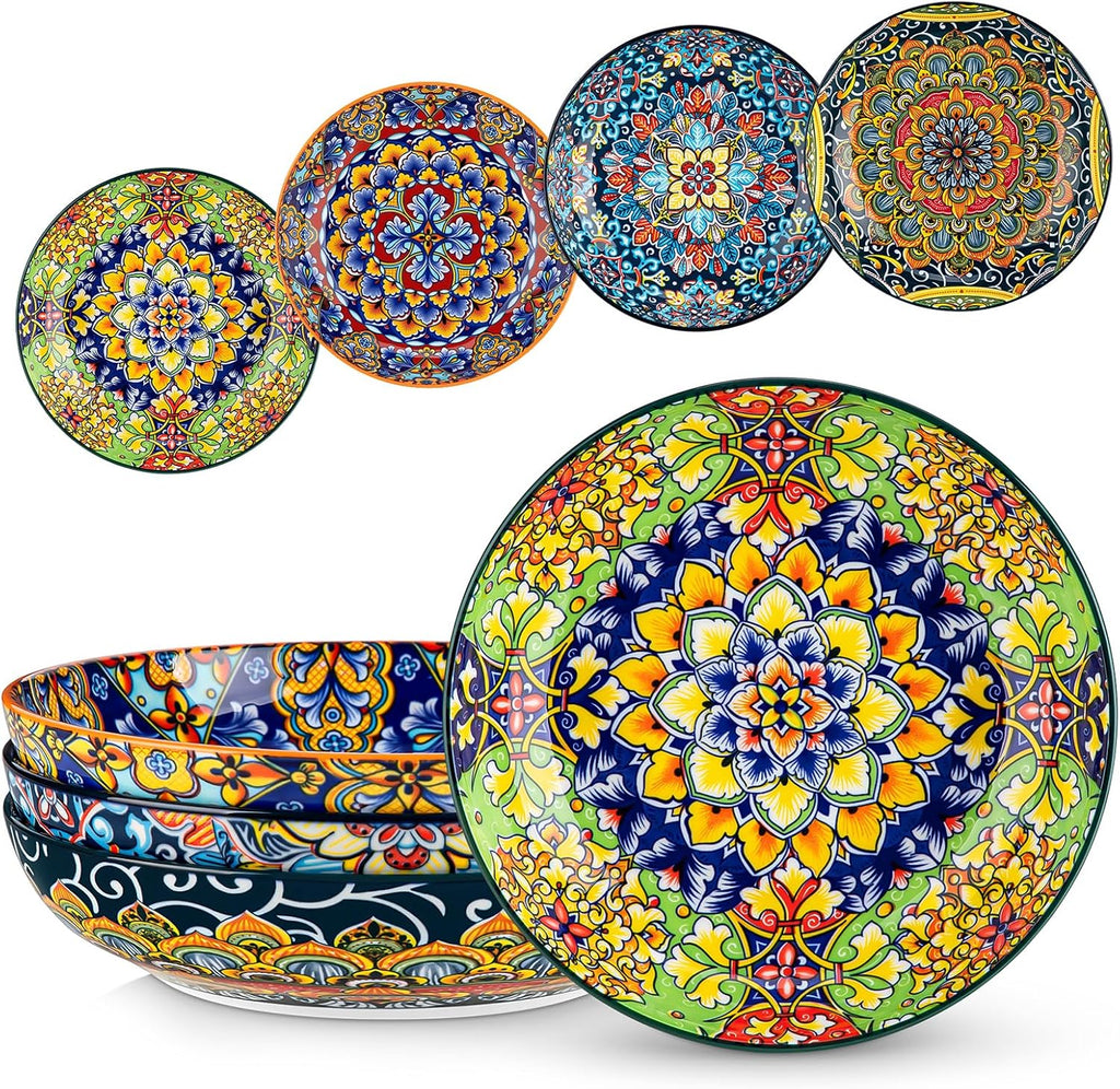 Pasta Bowls Set of 4, 42oz Ceramic Serving Bowls,Boho Pasta Plates | Large Shallow Bowls for Pasta, Salad, Soup, 42