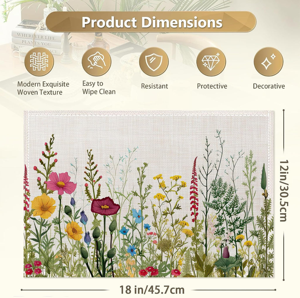 Washable Herbs and Wild Flowers Placemats Non-Slip Heat-Resistant 12x18 Inch Thick Decorative Linen Table - Set of 6