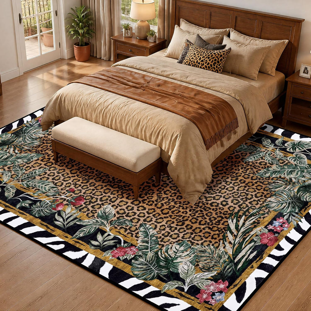 Leopard Area Rugs, Washable Cheetah Rug with Zebra-Striped Border, Non-Slip Low Pile Animal Print Carpet