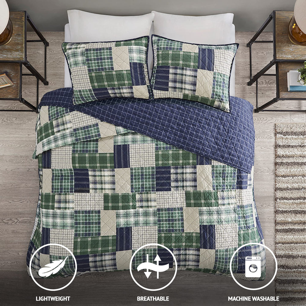Patchwork Farmhouse Green/Navy Quilt Set, 3pc
