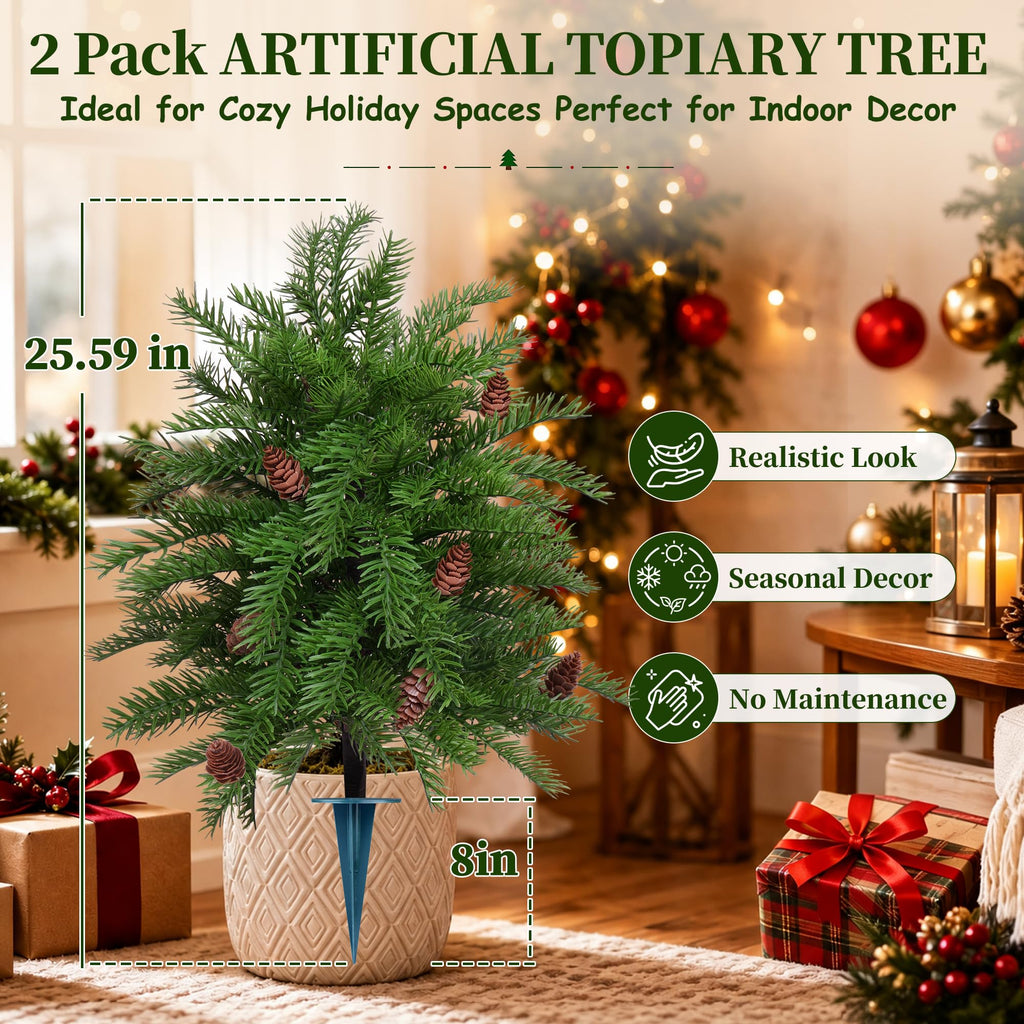 2 Pack Artificial Cedar Topiary Trees with Spike for Outdoor