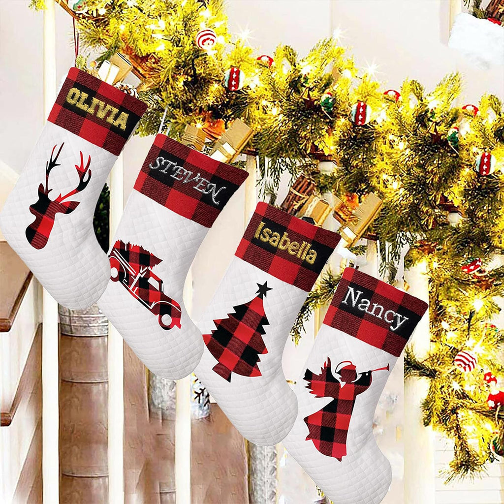 (20 inch) Embroidered Name Linen Burlap Red Tree Snowflake Rustic Farmhouse Fireplace for Family Decorations Holiday