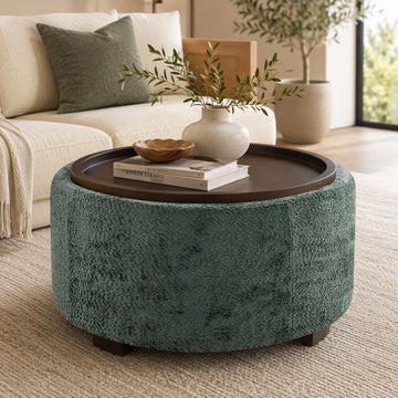 30" Round Chenille Storage Ottoman Coffee Table with Removable Tray Top, Large Hidden Storage Ottoman, Solid Wood