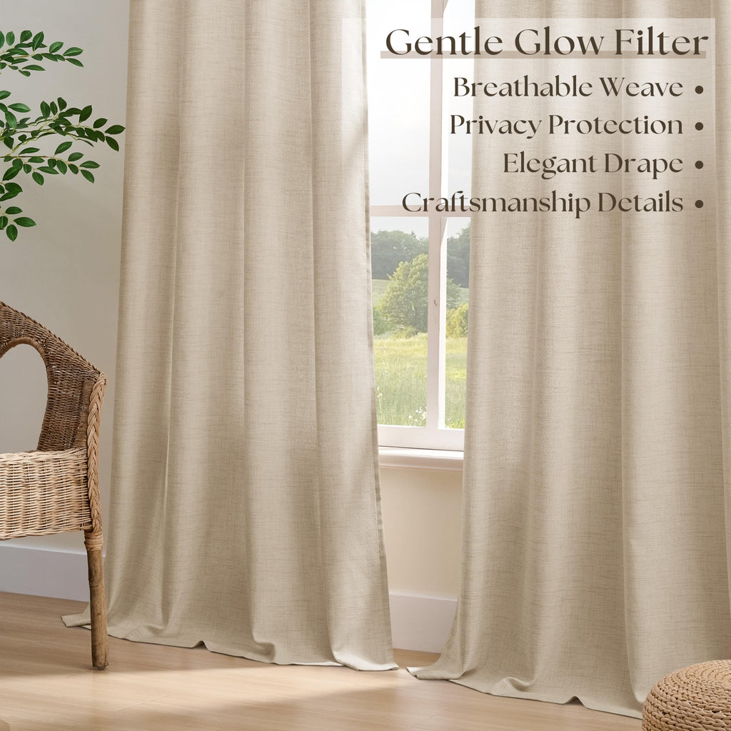 102 Inch Length Warm Beige Curtains Ecru Flax Burlap 2 Panels