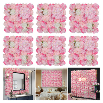 Flower Wall Backdrop 6pcs 16.5"x16.5"Artificial Floral Panels-Pink