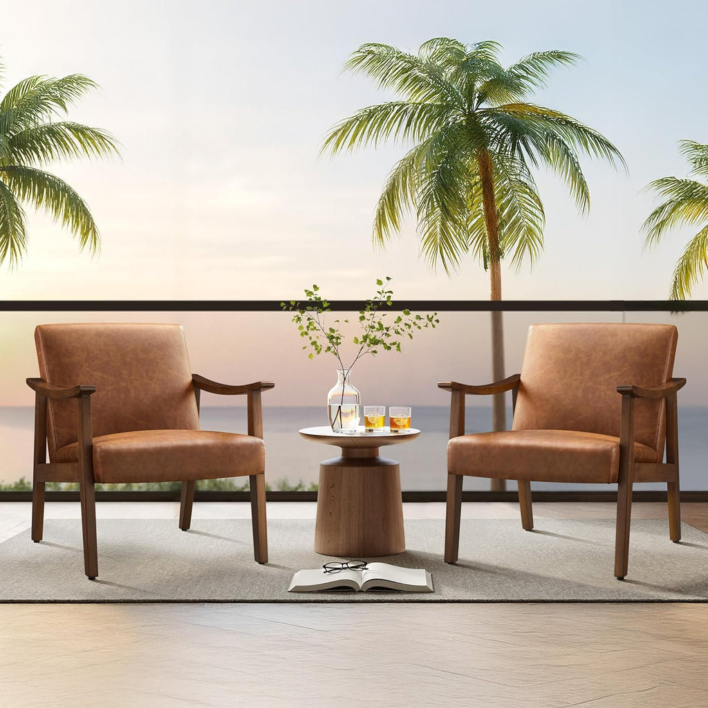 Accent Chairs, Mid-Century Faux Leather Armchairs Brown - Set of 2