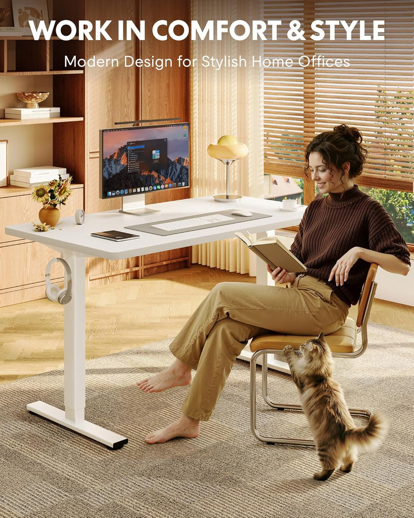 EN1 55"x28" One-Piece Standing Desk, White | 1" Thick Seamless Desktop, 176 LBS Capacity, Home Office Use, 4 Memory