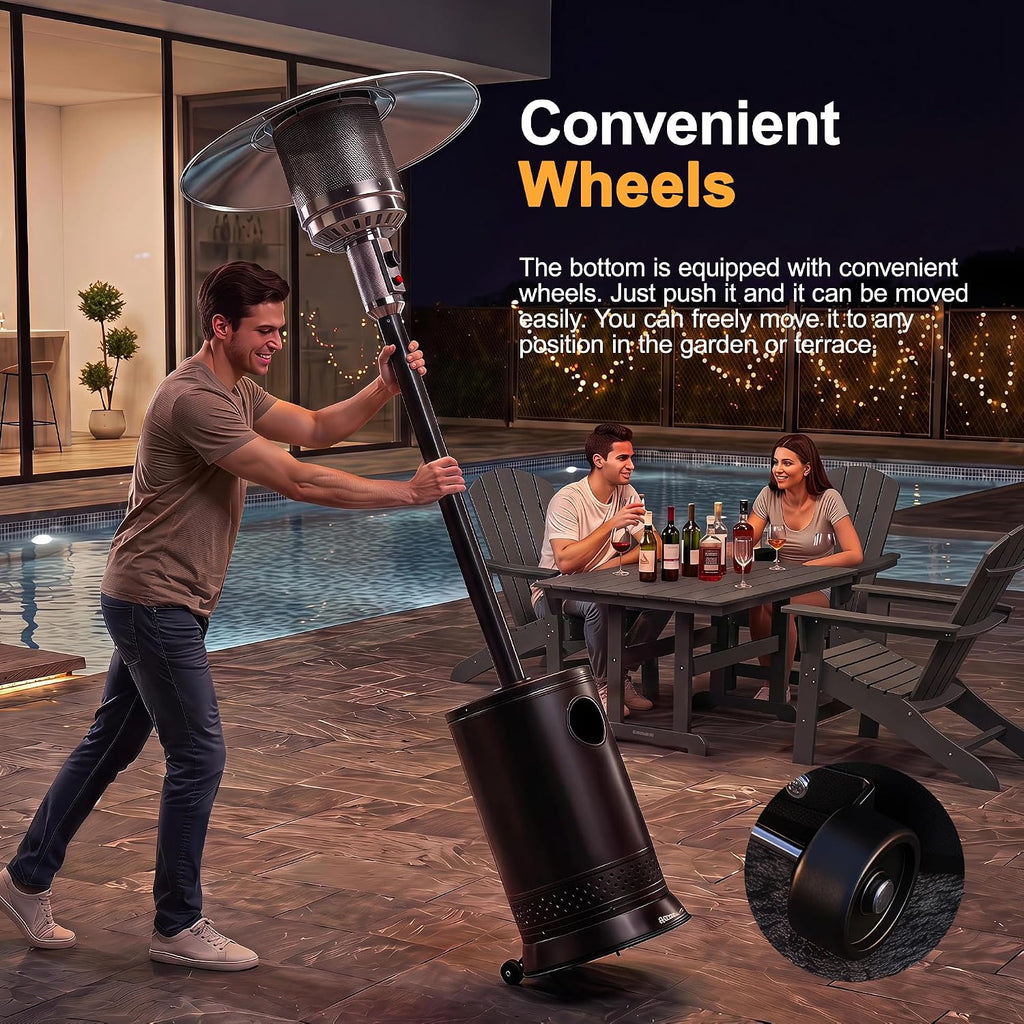 BTU Portable Propane Patio Heater with Wheels, Black | Triple Safety Protection, Round Table Design, Double-Layer