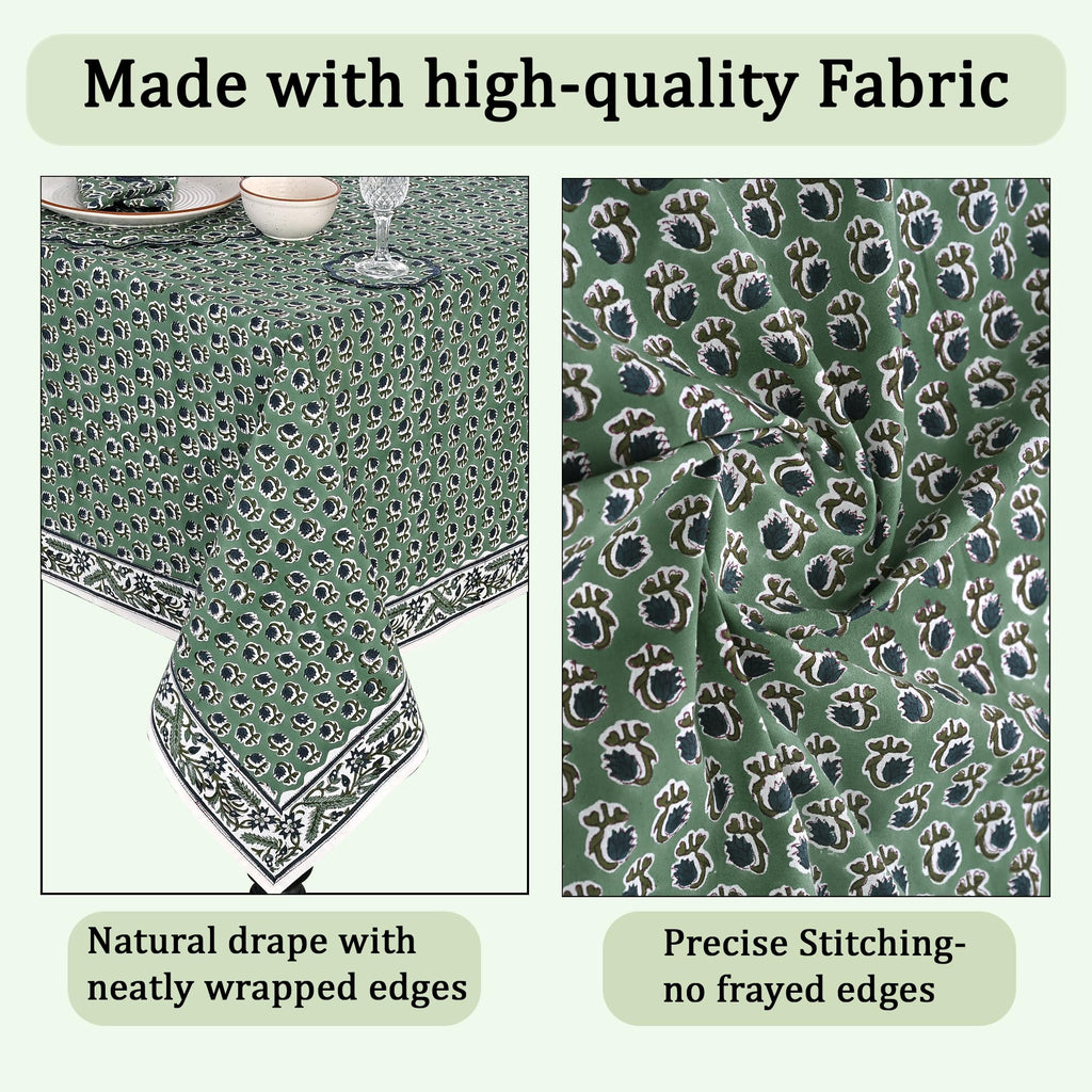 Basil Green, Peacock Blue Hand Block Print Cotton Cloth Dinning Table Cover Wedding Farmhouse Thanks Giving Christmas