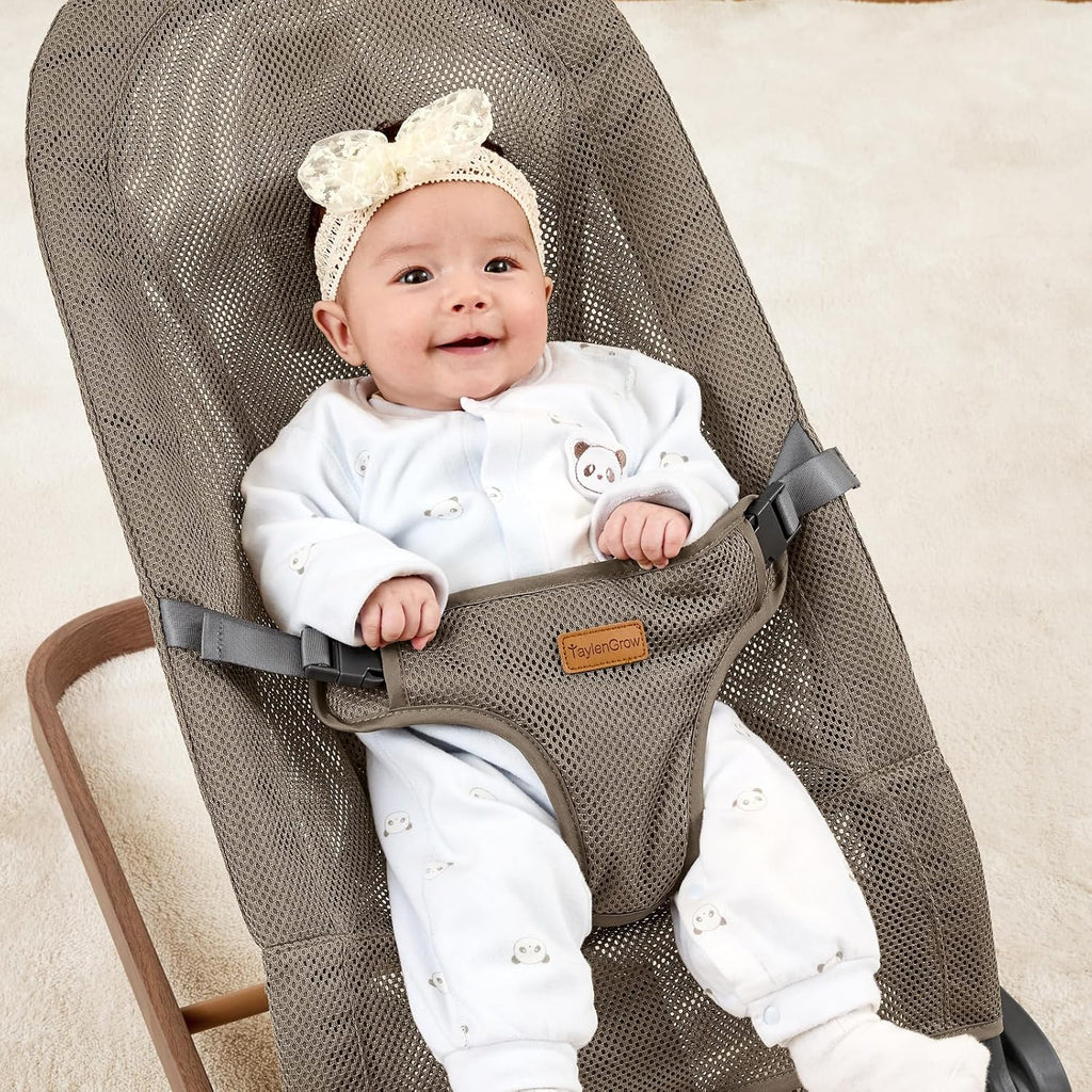 Foldable Baby Bouncer Seat, 3 Heights, Breathable Mesh (Light Brown)