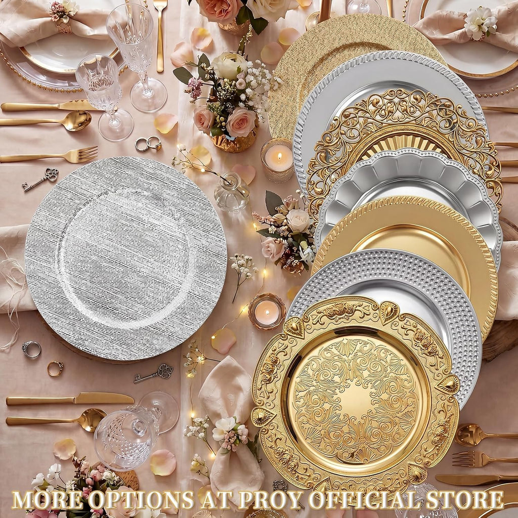 100 PCS 13 Inch Silver Charger Plates Bulk, Brushed Textured Plastic Round Chargers for Dinner Plates, Decorative