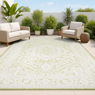 Medallion Weave Indoor Outdoor Area Rug 3X5 Green/Cream, Sinjuri Textured for Backyard, Patio, Porch, Easy-Cleaning