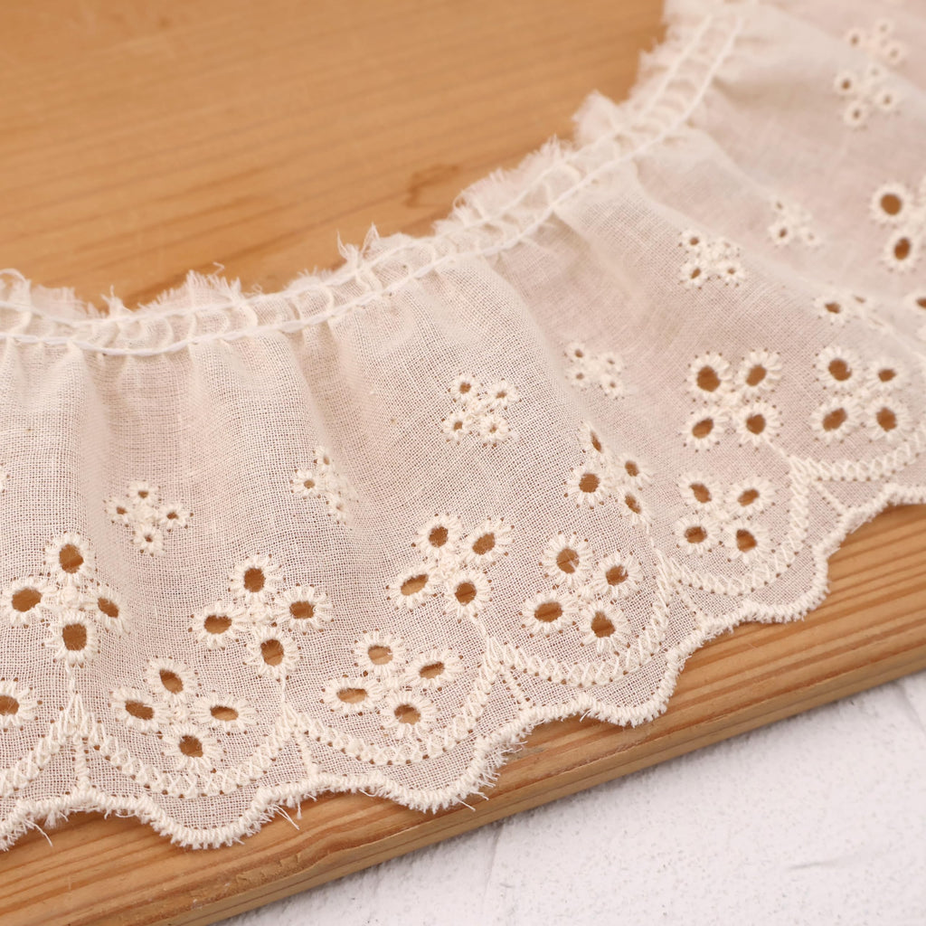 4 Yards Ruffle Trim Eyelet Embroidered Cotton Pleated Lace Trim 2.36" Wide (Beige)