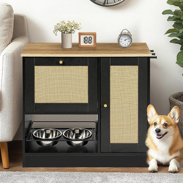 Dog Feeding Station with Wicker Storage, Dog Food Storage Cabinet with 2 Bowls & Side Hooks, Pet Organizer, Dogs