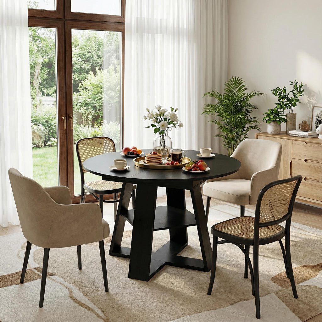 Black Extendable Round Dining Table for 4-6, 43.3"-59" Round to Oval Kitchen Table with Storage Shelf, Modern