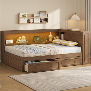 Full Size Daybed with Storage Drawers and Shelves, Antique Wood