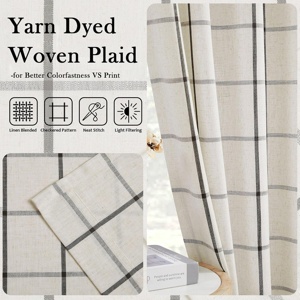 Black Plaid Pinch Pleat Semi Sheer Checkered Linen Blended Window Curtain Drape 95 Inch for Farmhouse Living Room