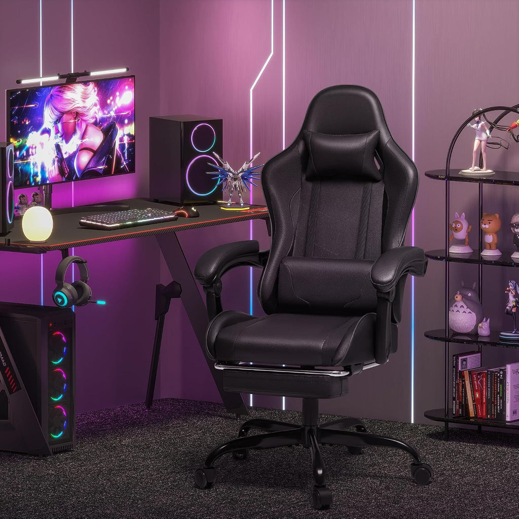Gaming Chair, Video Game Chair with Footrest and Massage Lumbar Support, Ergonomic Computer Chair Height Adjustable