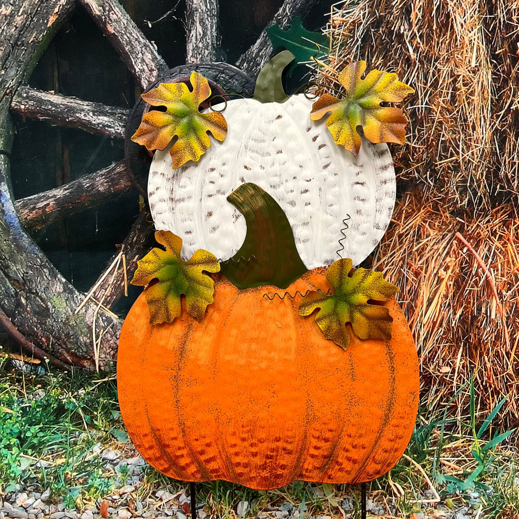 Metal Stacked Pumpkin Garden Stake, Outdoor Fall Yard Decor with Double Pumpkins, Rustic Metal Pumpkin Decoration for