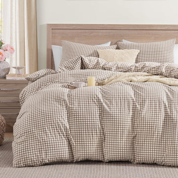Tan Gingham Duvet Cover, 100% Wash Cotton Bedding Set 3 Piece