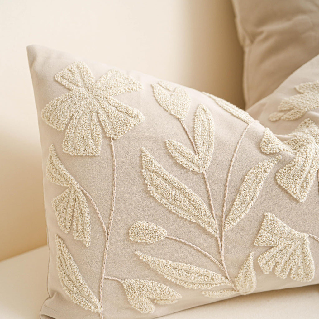 Decorative Throw Pillow Cover 20x20, Beige Neutral Velvet Accent Cushion Cover for Couch Sofa Living Room, Floral
