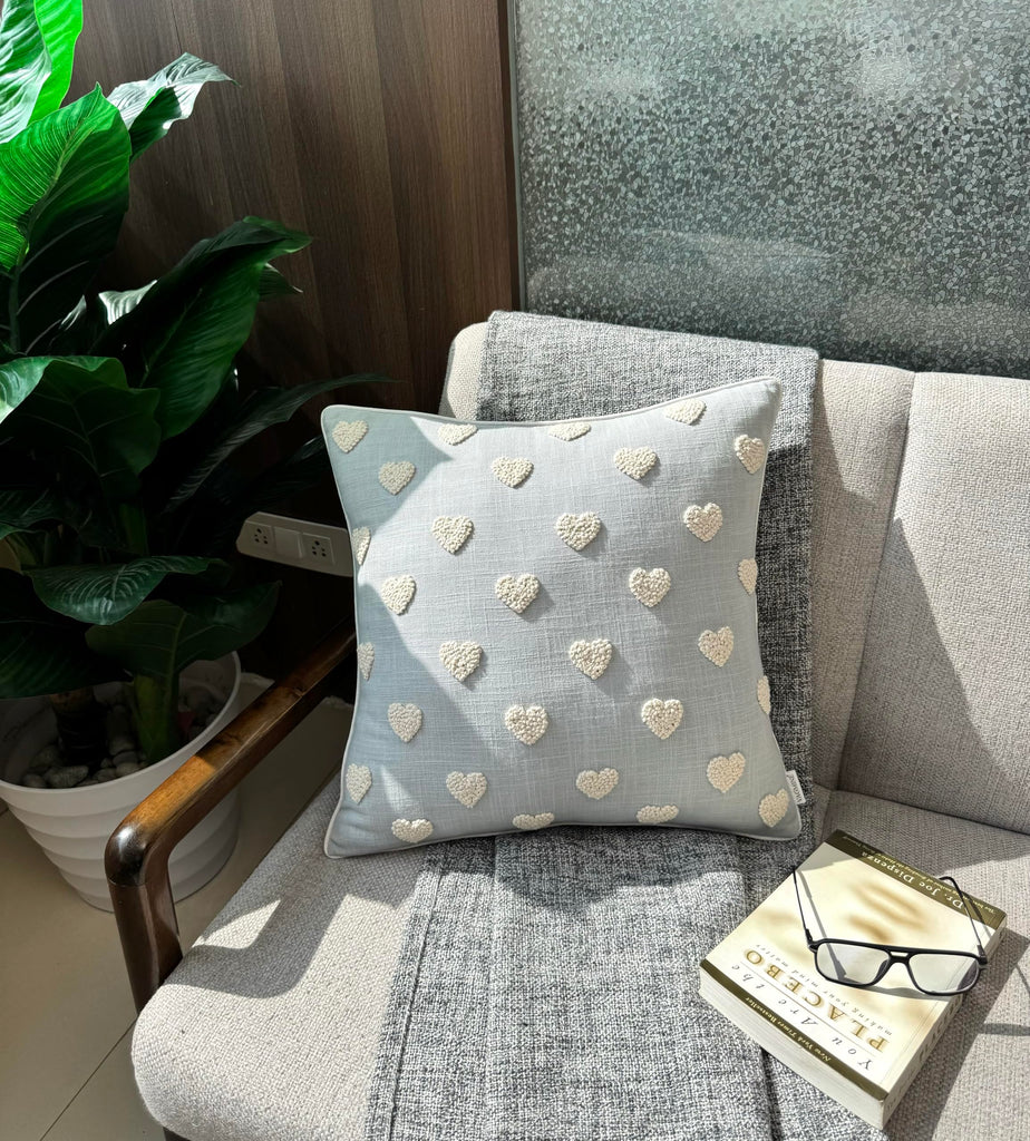 Embroidered Tufted Heart 18x18 Throw Pillow Cover, Robins Egg