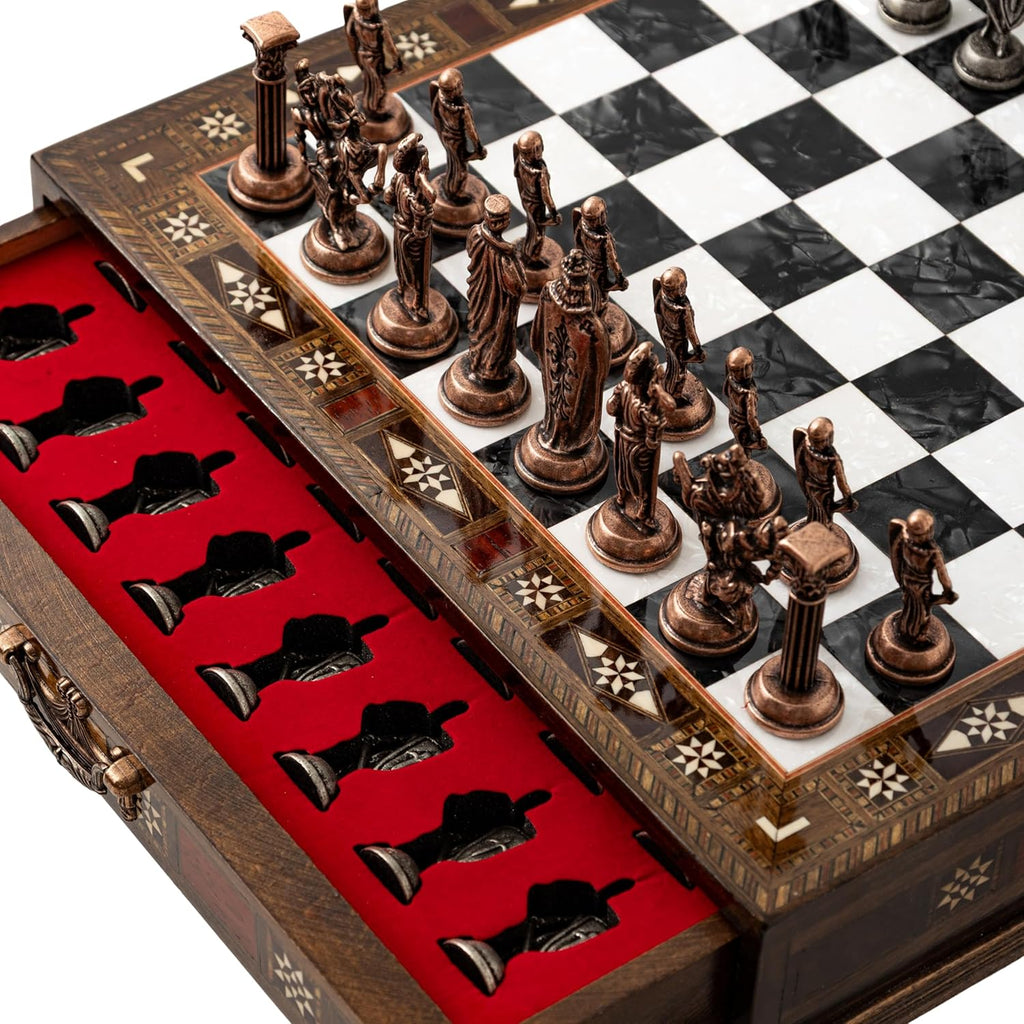 Luxury Handmade Wooden Chess Set with Metal Pieces - 12.2'' Decorative Storage Chess Board - British Themed Chess