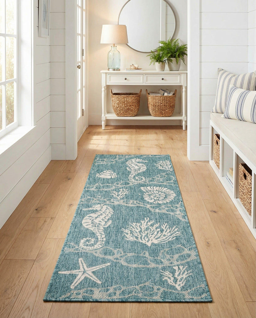Outdoor Coastal Collection Rug - 6 Ft Runner Aqua Flatweave-Pile Rug Perfect s, Entryways