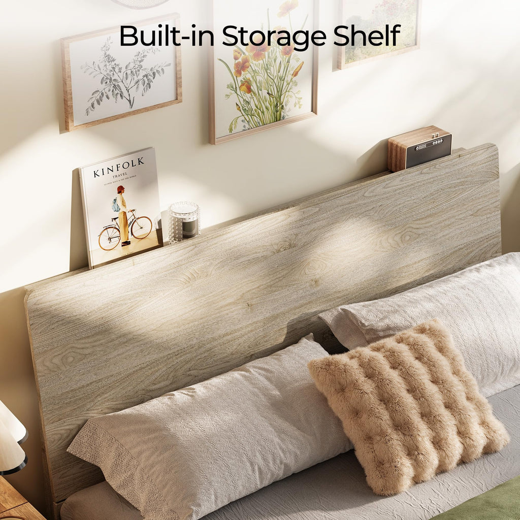 Queen Bed Frame with Ergonomic Headboard, Farmhouse Wood Bed Frame Queen Size with Storage Shelf, Noise-Free, No Box