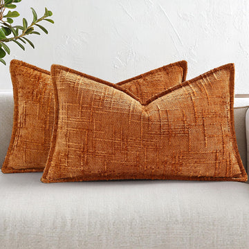 Chenille Fall Throw Pillow Covers 12x20 Set of 2, Burnt Orange