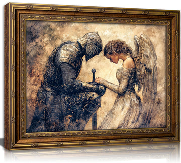 Vintage Gold Framed Medieval Knight Wall Art, Retro Fantasy Warrior Angel Oil Painting Canvas Print, Antique Gothic