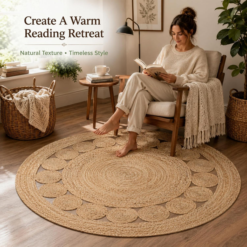 Natural Jute Round Area Rug, Handwoven Braided Boho Jute Rug with Dotted Design, Eco Friendly Farmhouse Living Room