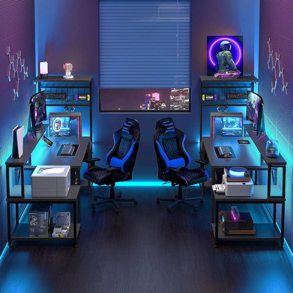 63" Gaming Desk with RGB LED,Headphone Hook Shelves | Sturdy Metal Frame No Wobble,Storage Shelves&Drawer for Game