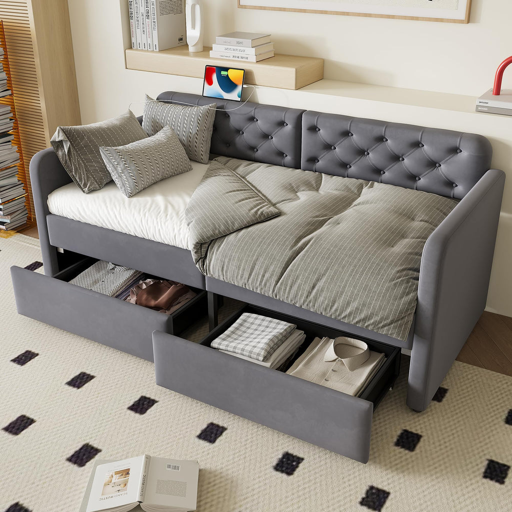 Daybed with Storage Drawers, Twin Size Velvet Upholstered Sofa Bedframe w/USB Port, Button Tufted Backrest and