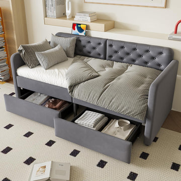 Twin Daybed with Storage Drawers, Velvet Upholstered Daybed Frame with USB Port, Button Tufted Backrest, Twin Size