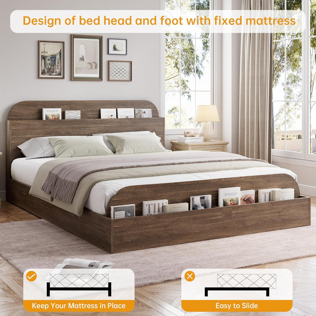 Queen Size Bed Frame, Floor Low Platform Bed, Walnut
