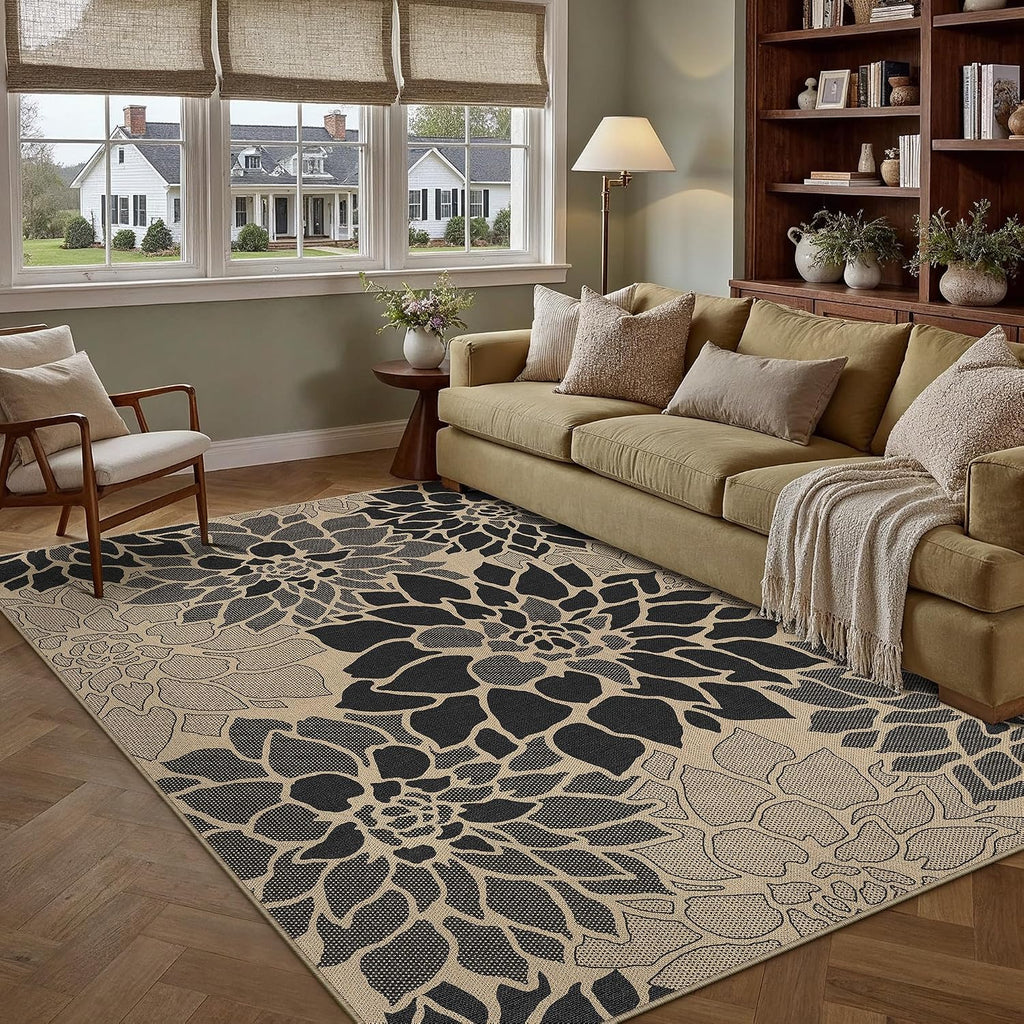 Black Easy Jute Outdoor Rug Floral Farmhouse Carpet