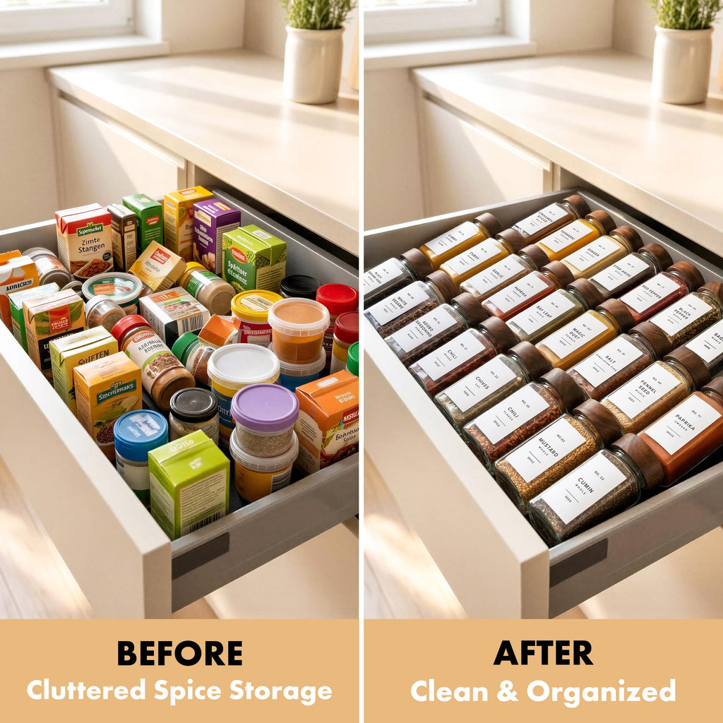 Glass Spice Jars with Label, 24x Acacia Wooden Lids - White Labels