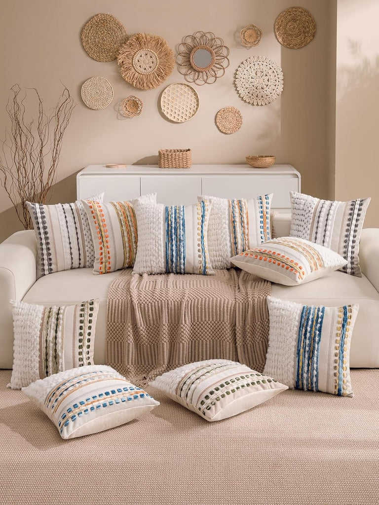 Boho Chenille Tufted Couch Throw Pillow Covers 18x18 Inch Set of 2 Farmhouse Striped Decorative Pillow Covers Accent