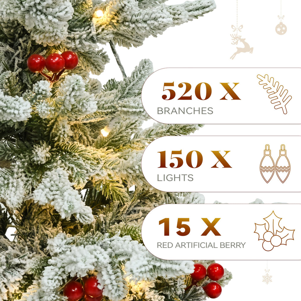 Potted Pre-Lit Flocked Arctic Fir Pencil Tree, 6 ft Slim Christmas Tree with 15 Pre-Decorated Red Berries, 520 PE &