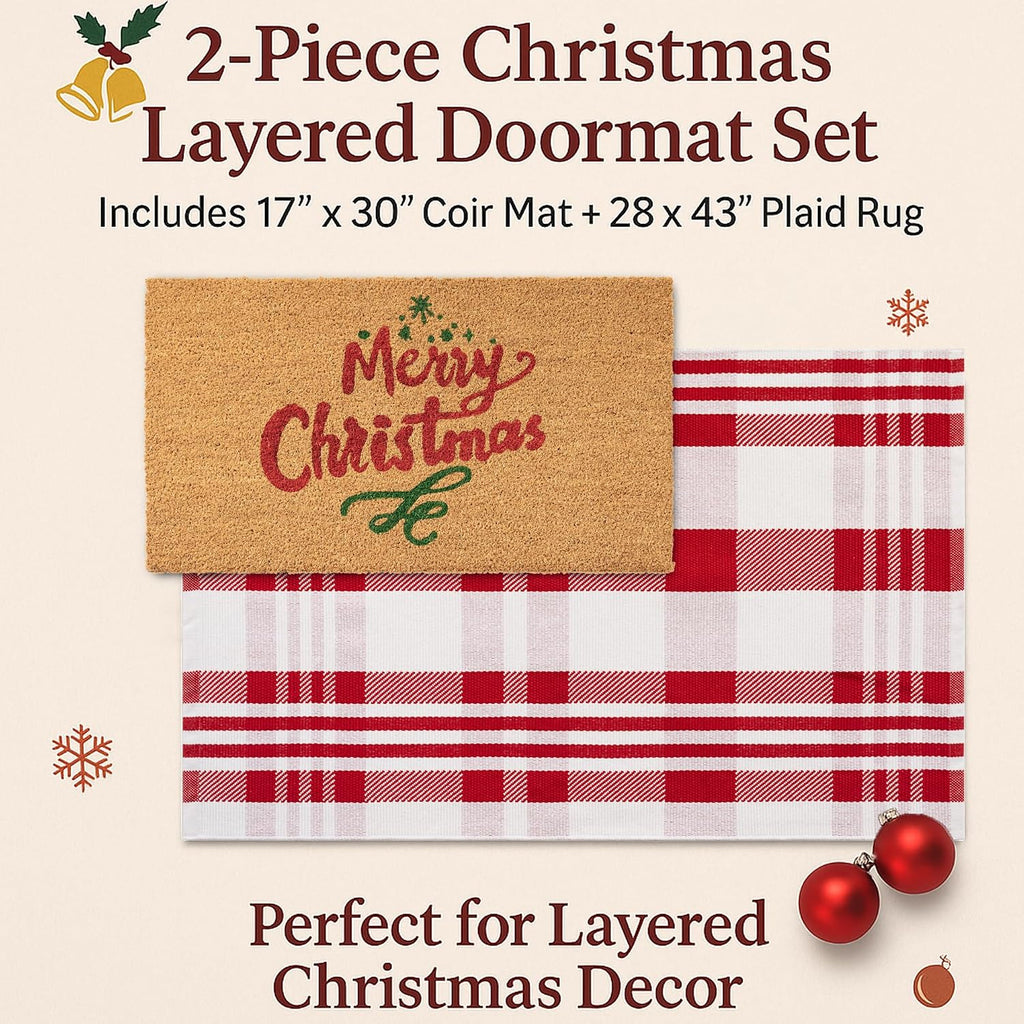 Christmas Door Mat Combo Set - 100% Coco Coir Welcome Mat + 28 x 43 Inch Red and White Diagonal Plaid Rug, New Year