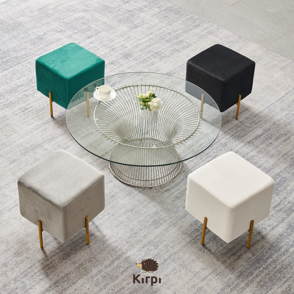 Black Velvet Foot Stool Set of 2, Modern Luxury Vanity Ottoman Stools with Gold Legs, Cube Accent Foot Rest Bedroom