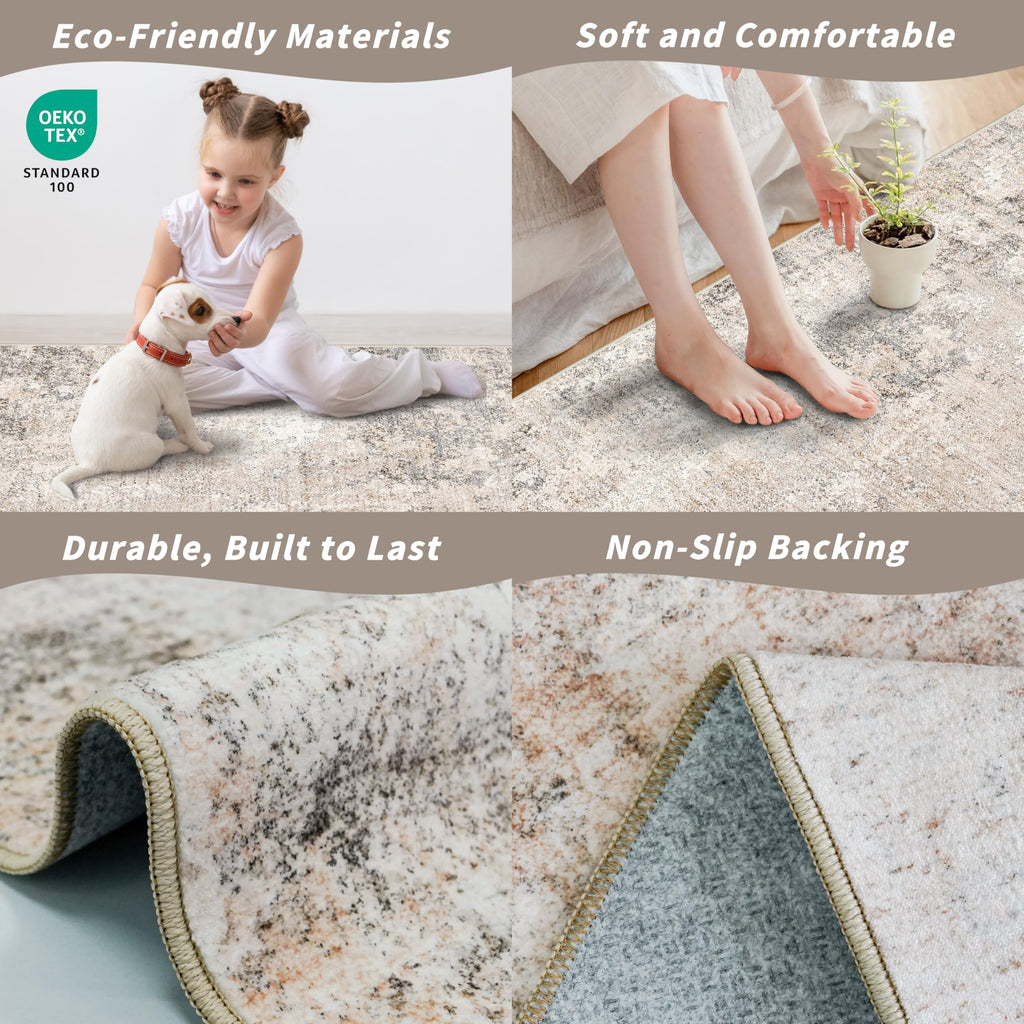 3x12 ft Washable Hallway Runner Rug - Long Non Slip Low Pile Thin Carpet Runners, Modern Abstract Neutral, Stain