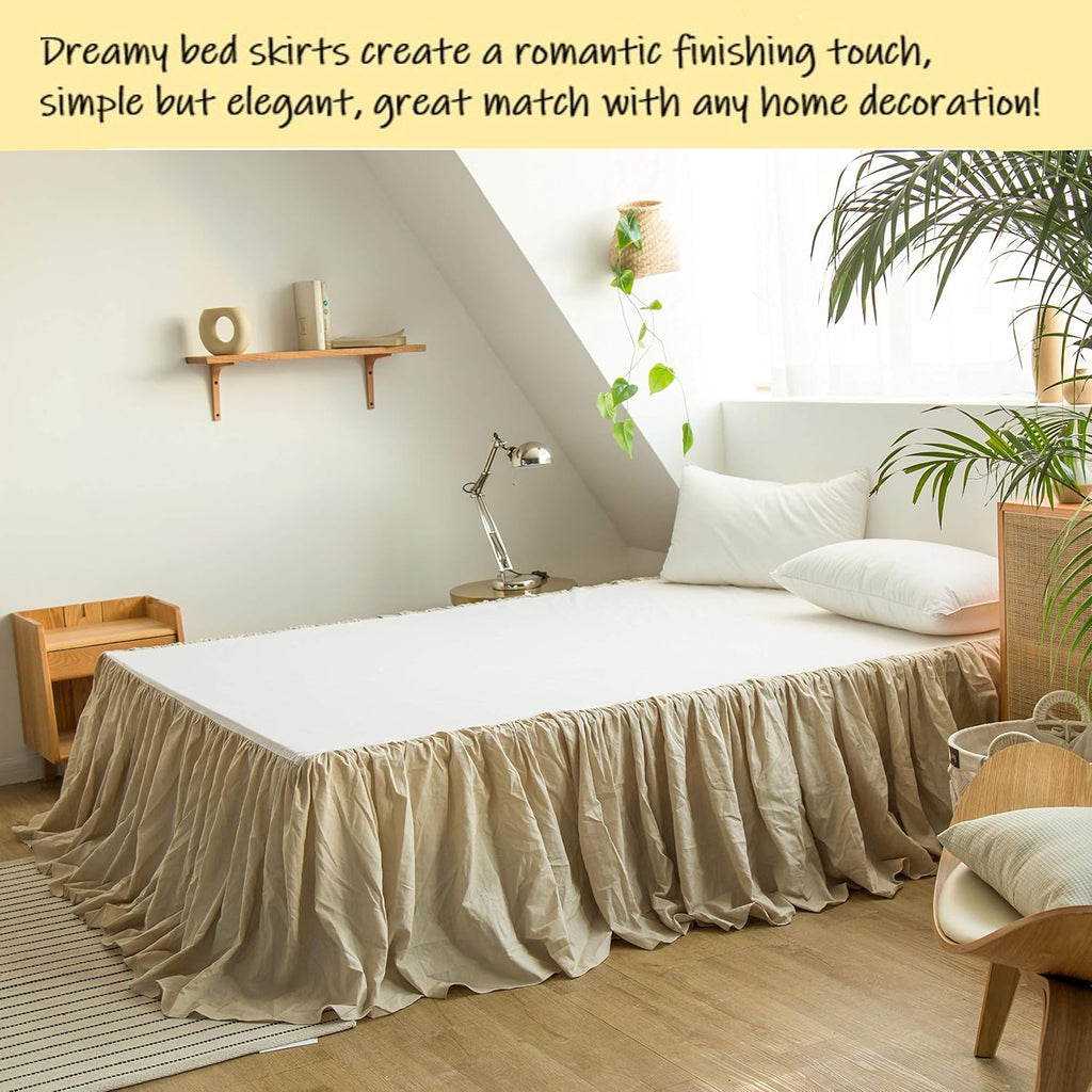 French Linen Bed Skirt with Pleated Frills 22-Inch Tailored Drop Natural Flax Cotton Blend Dust Ruffle Soft Cozy