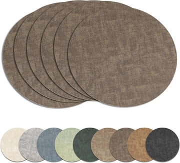 13" Round Placemats, Reversible Faux Leather Wipeable Table Mats - Set of 6