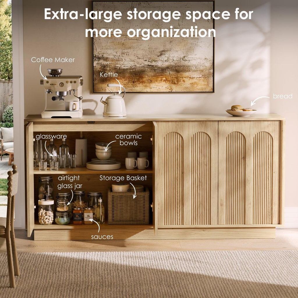 67" Sideboard Buffet Cabinet, Arched Fluted Push-to-Open Doors, Oak