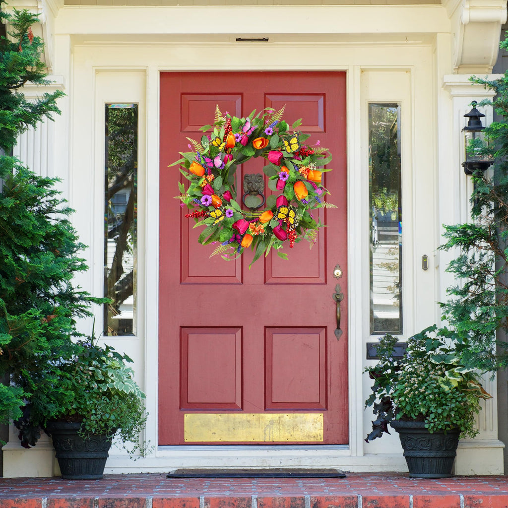 Spring Summer Wreath for Front Door 22 Inch Artificial Tulips Wreath with Eucalyptus Leaves Lavender Ferns Colorful