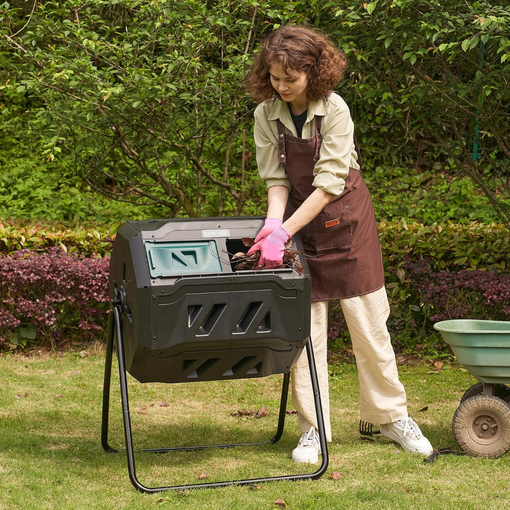 Compost Tumbler Outdoor, 43-Gal Dual Chamber Compost Bin with 2 Sliding Door and Aeration System, Tumbling Rotating