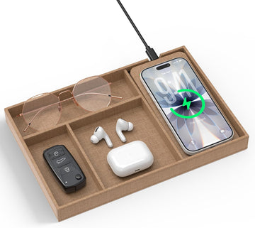 Valet Tray with Wireless Charger, Nightstand Organizer & Catchall Tray for Phone, Keys, Glasses and Accessories