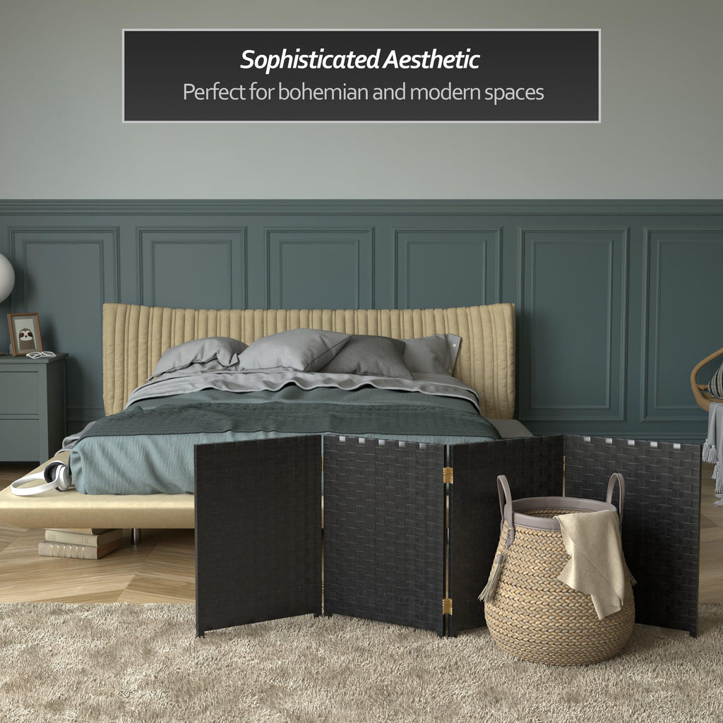 2 ft. Short Woven Fiber Folding Screen - 4 Panel - Black